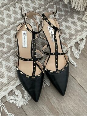 INC International Concepts Black Studded Strappy Pointed kitten Heels